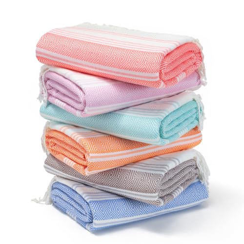 Genovega 6 Oversized Turkish Beach Bath Towel Set Bulk 74"x38" Sand Free Extra Large Quick Dry Swimming Camping Pool Clearance Towels Blanket Essentials Adult Multi Rhombus Orange - color: Multi Rhombus Orange