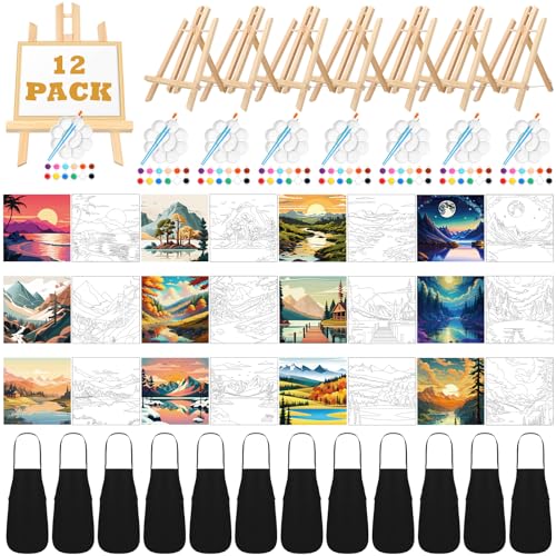 Motipuns 12 Set Landscape Pre Drawn Canvas for Paint for Adults | 8 x 8 Inch, Sip and Paint Party Kit, Pre Printed Framed Canvas with Easels Paints Brushes Aprons, Party Adult Art Supplies - style: Landscape