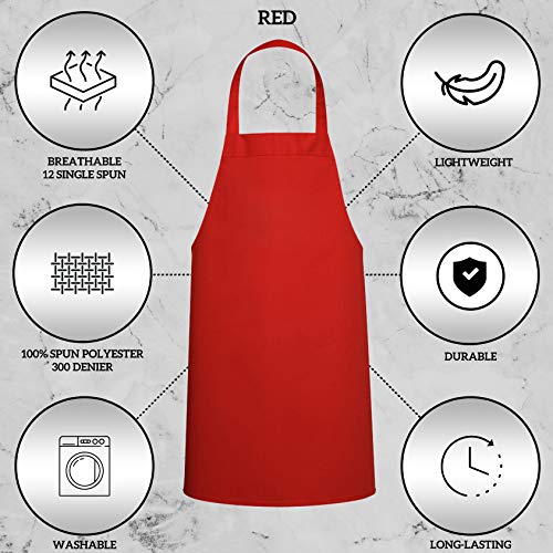 12 Pack Bib Apron - Unisex Red Aprons, Machine Washable Aprons for Men and Women, Kitchen Cooking BBQ Aprons Bulk (Pack of 12, No Pockets, Red) - color: Red, size: 12 Pack