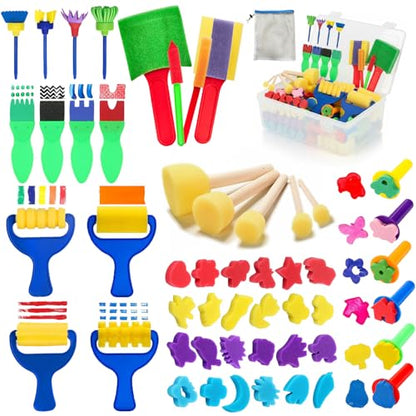 53-Pack Sponge Paint Brushes, Washable Painting Brushes | Toddler Painting Set, Early Learning Foam Roller Sponge Art Crafts Kit with Storage Bag, Creative Gift - style: 53 Pcs