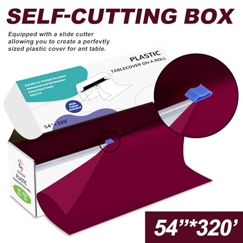 54IN X 320FT Plastic Table Cover Roll with Cutter Box, Cut to Size Plastic Table Cloths for Parties, Birthday, (Burgundy, 54"x3840"(Rectangular)) - color: Burgundy, size: 3840" x 54" (Rectangular)