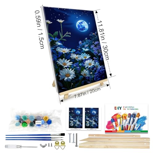 JOOZ Paint by Numbers Kit for Adults with Frame, Moon Paint by Number with Easel, DIY Starry Sky Flowers Oil Painting by Numbers, Easy Adult Paint by Number Kits on Canvas for Wall Decor 8x12 Inch - color: Moon Flowers 261