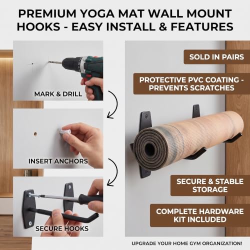 Yoga Mat Wall Mount Holder & Straps for Eyelet Workout Mat Hanging Storage | 2 Hooks, 2 Adjustable Elastic Straps & 1 Carry Sling - Home Gym Storage Hanger for Exercise Mat, Pilates Mats & Foam Rollers
