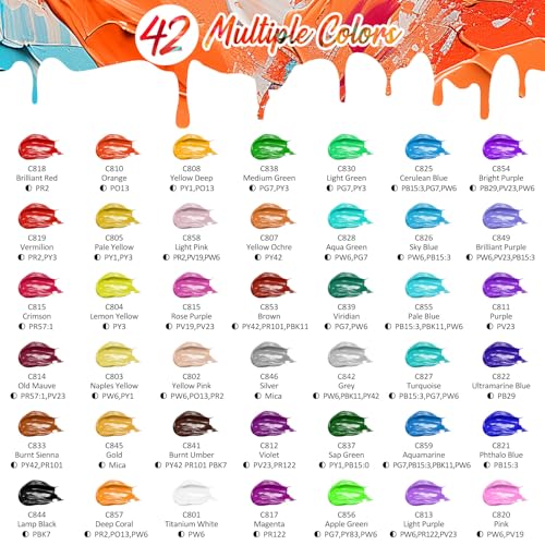 Caliart 42 Colors Acrylic Paint Set with 12 Brushes | Craft Painting kit for Adults Artists Beginners, Rich Pigment Non-toxic, Canvas Wood Rock Pumpkin Ceramic Art Supplies Paint - color: Regular, size: 2 Fl Oz (Pack of 42)