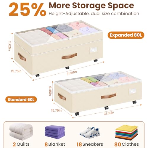 Budding Joy 80L 2 Pack Adjustable Under Bed Storage with Wheels, Beige - color: Beige