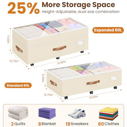 Budding Joy 80L 2 Pack Adjustable Under Bed Storage with Wheels, Beige - color: Beige