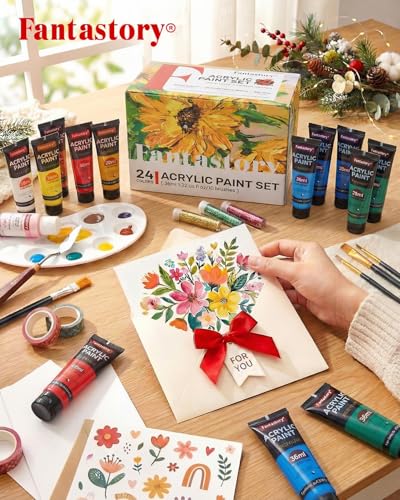 Fantastory 36ml 24 Colors Acrylic Paint Set with 10 Brushes | Excellent Coverage, High Light Fastness, Waterproof, Includes Extra White & Gold, for Canvas, Wood, Ceramics, Models - style: 24 Colors