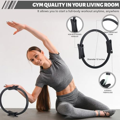 RoundFunny Pilates Ring Circle Set 18 Pcs Exercise Equipment Accessories for Women Workouts Pilates Ball Stretching Strap Magic Circle Yoga Ring Gym Back Bag Resistance Band Anti Slip Socks - color: Black