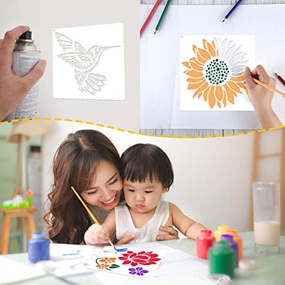 Zonon 16 Pcs Stencils for Painting, DIY Craft Templates, 5.1 x 5.1 Inch | Summer Reusable Painting Stencils for Wall Wood Canvas Crafts, Flower Butterfly Hummingbird Designs, Metal Open Rings - size: 5.1 x 5.1 Inch