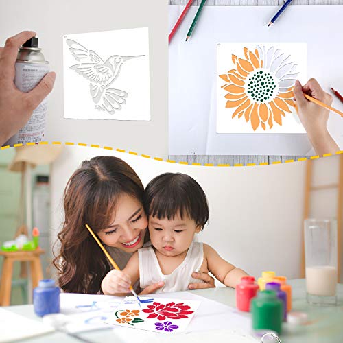 Zonon 16 Pcs Stencils for Painting, DIY Craft Templates, 6.3 X 6.3 Inch | Summer Reusable Painting Stencils for Wall Wood Canvas Crafts, Flower Butterfly Hummingbird Designs, Metal Open Rings - size: 6.3 x 6.3 Inch