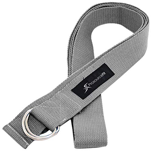 ProsourceFit Metal D-Ring Yoga Strap 8’ Durable Cotton for Stretching and Flexibility - color: Grey