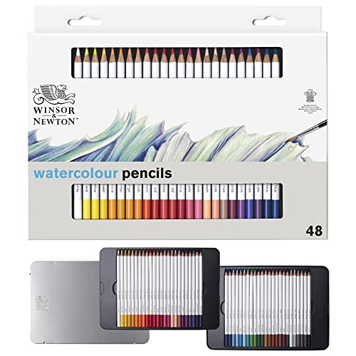 Winsor & Newton Studio Collection, Watercolour Pencil Tin, 48 piece | Highly pigmented, Wax-Based, Can be Used Wet/Dry, Add Water & Brush to Create Painterly Effects, Break-Resistant Points. - style: 48 Waterclour Pencil Tin