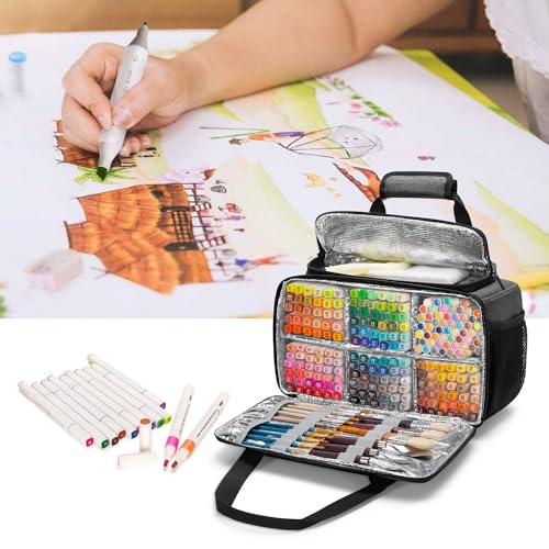 GRAOSO Marker Storage Bag Marker Case Organizer Hold up to 216 Markers | Carrying Case with Shoulder Strap and Handle, with Dividers and Easy Cleaning Liner (Markers Length up to 5.1"/13 cm), Grey