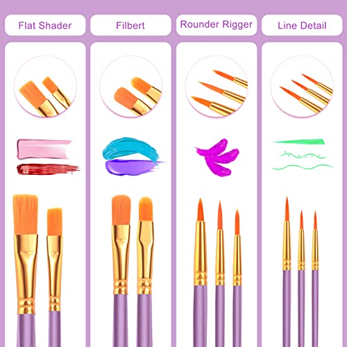 ESRICH Acrylic Paint Brushes Set, 8 Packs 80 Pcs, Nylon Brush Head | Acrylic Oil Watercolor, Face Nail Art, Miniature Detailing, Rock Painting, Painting Artist Professional Kits(Purple) - color: Purple, size: 80
