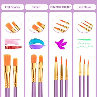 ESRICH Acrylic Paint Brushes Set, 8 Packs 80 Pcs, Nylon Brush Head | Acrylic Oil Watercolor, Face Nail Art, Miniature Detailing, Rock Painting, Painting Artist Professional Kits(Purple) - color: Purple, size: 80