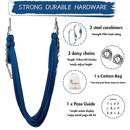 5.5 Yards Aerial Silks Yoga Swing Set - Aerial Yoga Hammock Kit Anti-Gravity Flying for Fitness, Low/Non Stretch Nylon Tricot Fabric Hardware Included for Dance - color: NAVY