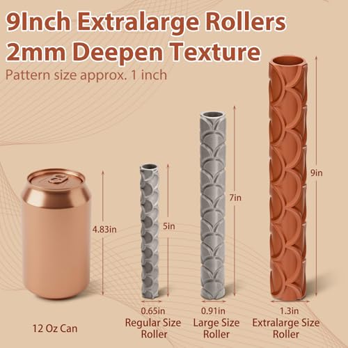 Leriton 6-Pack 9 Inches Clay Texture Roller Set Extra Large Polymer Tools 6-Pattern 3D-Printed Texture Roller for Polymer Clay, Ceramics, Painting and Decoration, Tabletop Crafting, Crafts, DIY - size: 9 Inch