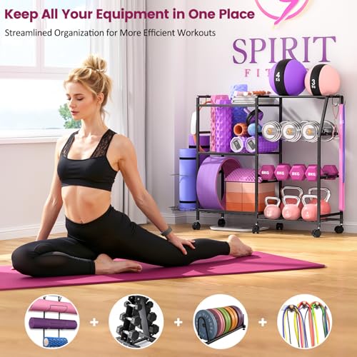 Dumbbell Rack, Weight Rack for Home Gym, Yoga Mat Storage Rack, Exercise Equipment Storage with Wheels and Hooks, Home Gym Equipment Organizer for Kettlebells - size: Standard