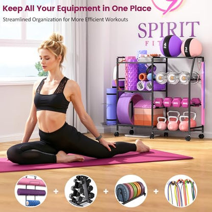 Dumbbell Rack, Weight Rack for Home Gym, Yoga Mat Storage Rack, Exercise Equipment Storage with Wheels and Hooks, Home Gym Equipment Organizer for Kettlebells - size: Standard