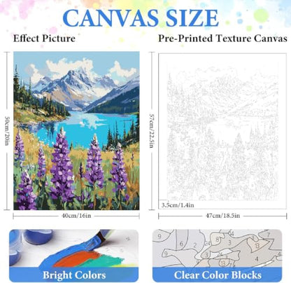 Landscape Paint by Numbers Kit for Adults Beginner,Mountain Scene,16x20" | Full set with wooden brushes,rolled canvas,rich paints.Calming activity.Beginner friendly.Just open and paint. - color: 16"X20"Rolled Canvas-Landscape 20