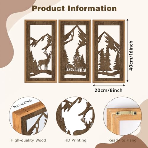 HPNIUB 3PCS Jungle Animals Wall Decor,Rustic Mountain Forest Wooden Sign for Living Room,Vintage Abstract Deer Pine Trees Hanging Wood Plaque Wall Art Nature Wall Sculpture for Home Office(8x16Inch) - color: Mountain Animals Wooden Wall Art