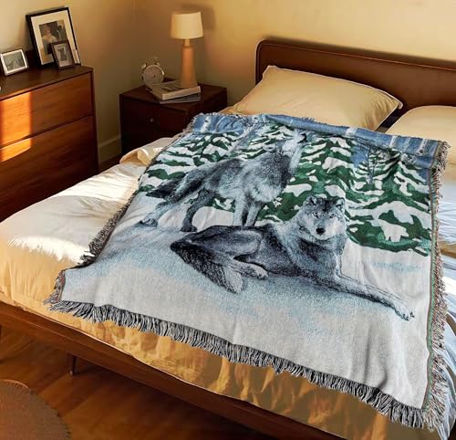Lodge Wolf Woven Tapestry Throw Blanket 50 X 60 Inches | Wall Hanging Art, Handicrafts Jacquard, Multipurpose Soft Travel Mat, Outdoor with Fringe Tassels - color: Wolves