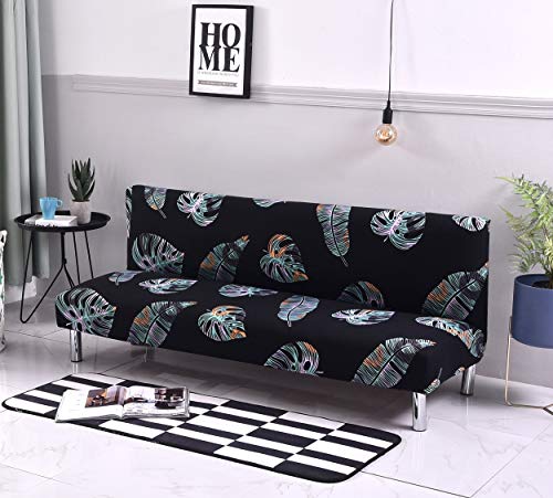 MIFXIN Armless Sofa Cover Futon Slipcover Stretch Elastic Folding Sofa Bed Non-Armrest Couch Sofa Cover Furniture Protector for Dogs Cats Pets (Black Leaves) - color: Black Leaves