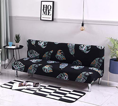 MIFXIN Armless Sofa Cover Futon Slipcover Stretch Elastic Folding Sofa Bed Non-Armrest Couch Sofa Cover Furniture Protector for Dogs Cats Pets (Black Leaves) - color: Black Leaves
