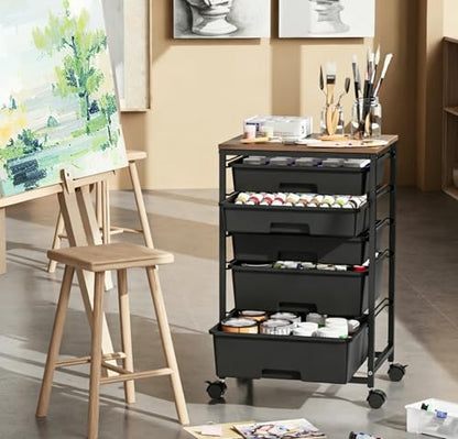 SYKIARIOL 5-Tier Rolling Cart with Drawers with Wooden Top, Black | Mobile Craft Storage Drawer Cart Trolley for Home Office, Classroom, Craft Room & Kid Room - color: Black