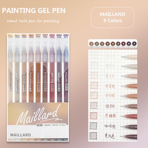 Gel Pens with 0.6mm Fine Point, 9 Colors Acrylic Drawing Gel Pen | Smooth Writing Pen Set for Journaling, Maillard Series, Drawing Pencils for Adult Coloring Books - color: Maillard