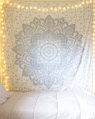 raajsee Metallic Silver Tapestry Grey Mandala Wall Hangings, Indian cotton Beach Throw Blanket, Hippie Tapestries Boho bohemian Decor,Twin Bedspread 52x82 inches Yoga Meditation Mat Rugs - color: White Silver Passion Ombre, size: 82"L x 52"W