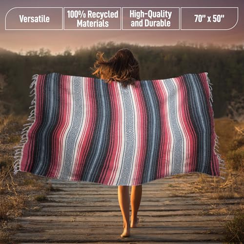 Hydration Nation Authentic Large Handwoven Mexican Striped Throw Blanket - Soft, Durable, Eco-Friendly - 70"x50" - Azure - color: Azure