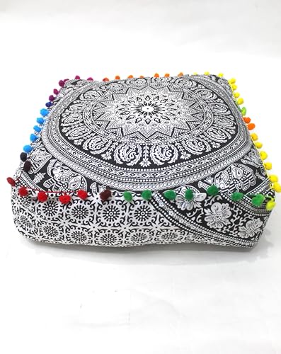 INDIAN CRAFT CASTLE Mandala Mandala Barmeri Large Floor Pillow Cover Cushion Meditation Seating Ottoman Throw Cover Hippie Decorative Zipped Bohemian Pouf Ottoman Cases (Black and White, 16" Square) - color: Black and White, size: 16"D x 16"W x 5"H