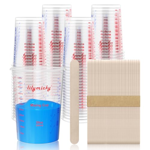 100 Pack Plastic Mixing Cups, 20 oz Measuring Cups with 100 Mixing Sticks | versatile for mixing paints, epoxy resin, alcohol inks, DIY crafts, projects, scientific experiments, disposable and no-mess