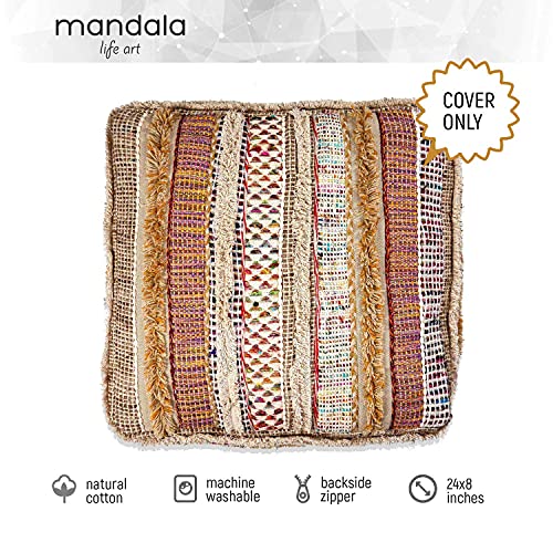 Mandala Life ART Bohemian Floor Cushion Cover - Pure Wool and Cotton Mix - 24x24x8 inches -Filler not Included - Artisan Hand Embroidery Patch Work - Boho Chic Luxury Moroccan Pouf Cover - color: Jaipur