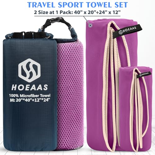 HOEAAS 2 Pack Microfiber Camping Towels, Quick Dry Towel, Super Absorbent Ultra Compact Travel Towel Soft Lightweight Sports Towel for Sweat Fast Drying Towels for Pool,Gym,Hiking,Backpacking,Fitness - color: Purple, size: M: 40" x 20"+24" x 12"