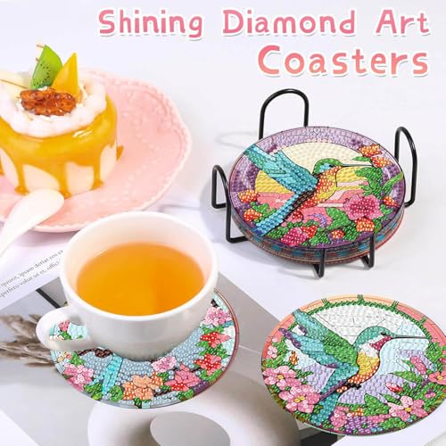 8 Pcs Diamond Art Coasters, DIY Hummingbird Diamond Painting Coasters 4×4in | Diy Diamond Painting Coasters With Cork Pads, Non Slip Diamond Art Kits For Adults-Crafts Supplies For Gift Home Decor - color: Pink Coasters