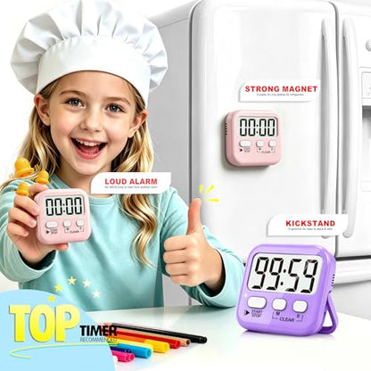 Antonki 2 Pack Digital Timer for Kids Classroom Kitchen Timers for Cooking | w/ Battery, Easy to View, Alarm, Mute Mode, Count Down/Up, Magnetic, Kickstand, Hanging, Classroom Timer for Teacher Supplies - color: 2 * Pink + Purple