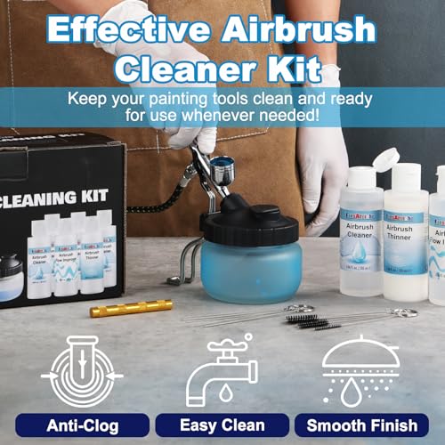 FansArriche Airbrush Cleaning Kit, 4.05 fl oz / 120 ml Each | 4 Airbrush Cleaners, 1 Thinner, 1 Airbrush Flow Improver & Airbrush Cleaning Pot, for Water-Based and Acrylic Paints