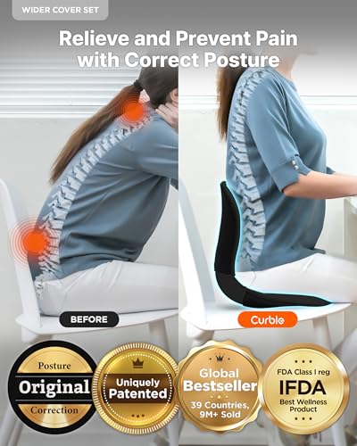 curble Wider – Ergonomic Desk Chair Seat Cushion, Everyday Passive Posture Trainer for Work from Home, Office & Car, Breathable Lumbar Support (Black) - color: Set Black