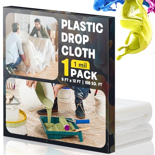 Plastic Drop Cloths for Painting, 9x12 Ft Plastic Sheeting, 1 Mil (1-Pack) | Clear Painter's Plastic Filim, Dust-proof Waterproof Painting Supplies for Furniture, Floor, Couch Protector - size: 1 PCS 9x12 Ft