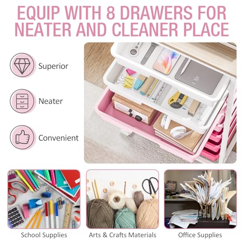 TOOLF Rolling Storage Cart with 8 Drawers,Rose Pink - color: Rose Pink
