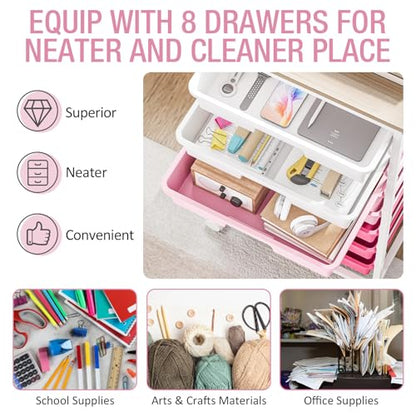 TOOLF Rolling Storage Cart with 8 Drawers,Rose Pink - color: Rose Pink