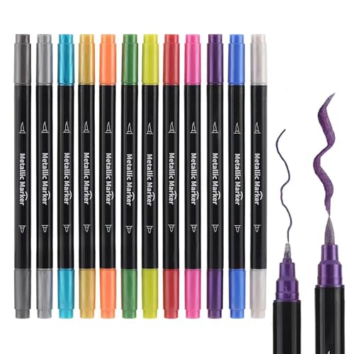 Colourcolor 12 Colors Metallic Marker Pens, Dual Tip Brush & Fine Point Pens for DIY Album, Black Cards, Rock Painting, Card Making, Scrapbooking, Fabric, Metal, Ceramics, Wine Glass - color: 12 Colors