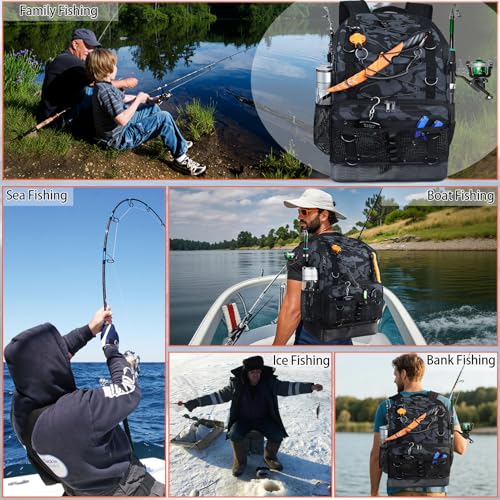 Fishing Backpack with Rod Holder, Heavy Duty Fishing Bag with Waterproof Bottom, Tackle Backpack Gifts for Man Woman-Black Camo - color: Black Camo