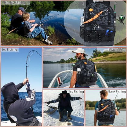 Fishing Backpack with Rod Holder, Heavy Duty Fishing Bag with Waterproof Bottom, Tackle Backpack Gifts for Man Woman-Black Camo - color: Black Camo