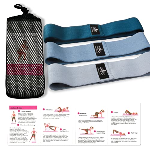 Hatha Yoga Large Resistance Band,14.5" x3.15",Fabric Exercise Loop Bands with Instruction Guide and Carry Bag, Set of 3. - color: Blue