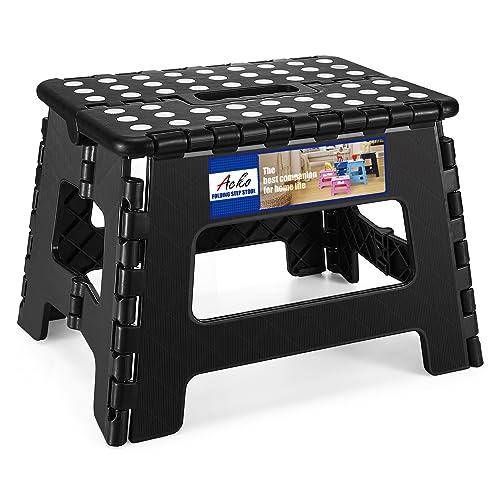ACKO Folding Step Stool 9 Inch, Non-Slip Foldable Stools for Kids, Black | Heavy Duty Collapsible Foot Stool, Lightweight, Holds 300lb for Toddler/Adults Kitchen Bathroom Bedroom Outdoor, with Handle - color: Black, size: 9 Inch