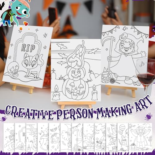 Sherr 96 Pcs Pre Drawn Canvas Kit 12 Sets with Easel Apron,Halloween | Adult Painting Party Set with Brushes Paints Wine Glasses, 8x10 Ready to Paint, DIY Craft for Paint Parties and DIY Crafts - style: Halloween