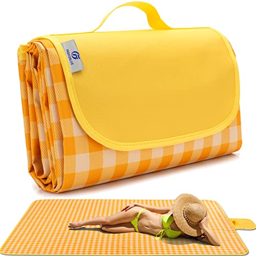 Picnic Blanket Beach Mat Extra Large Sandproof Waterproof Camping Blanket Portable Travel Blanket Play Mat for Outdoor Indoor Family Women Men Kids Beach BBQ Park Grass, 79"x57" - color: Yellow Grid